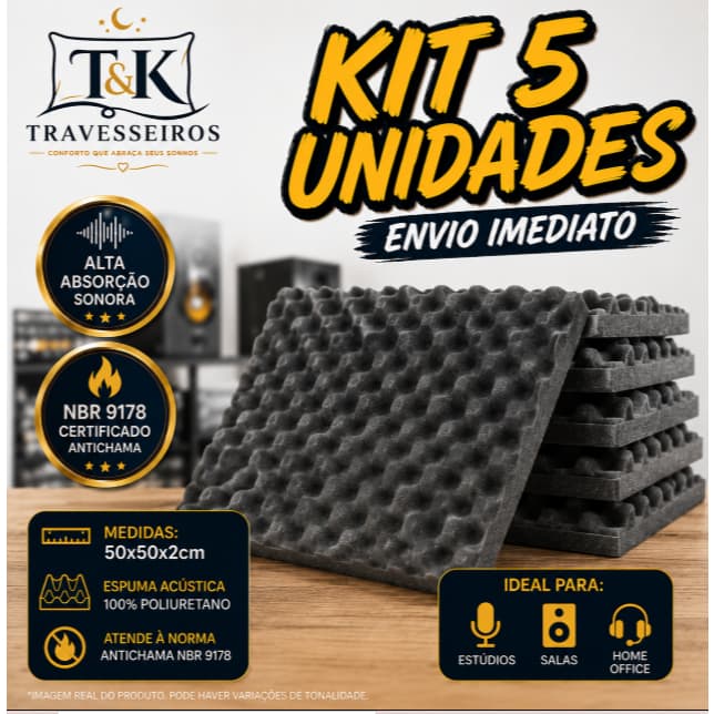 Kit Com 5 Placas Acusticas 50x50x2 - Anti Ruidos Sonoros