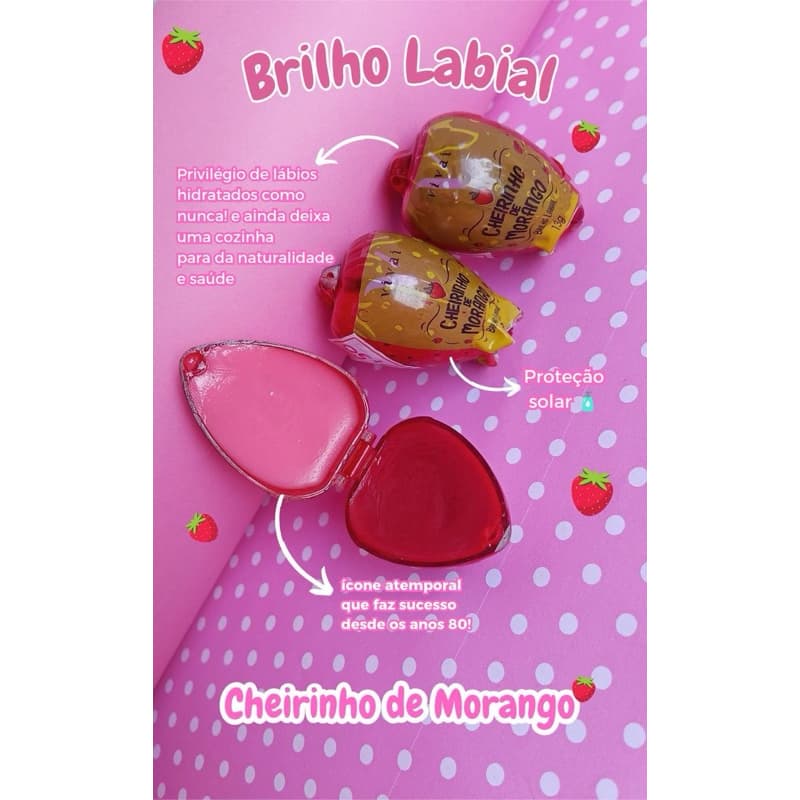 3 Brilho Labial Morango - Textura Cremosa e Hidratante com Cheirinho de Morango 13g