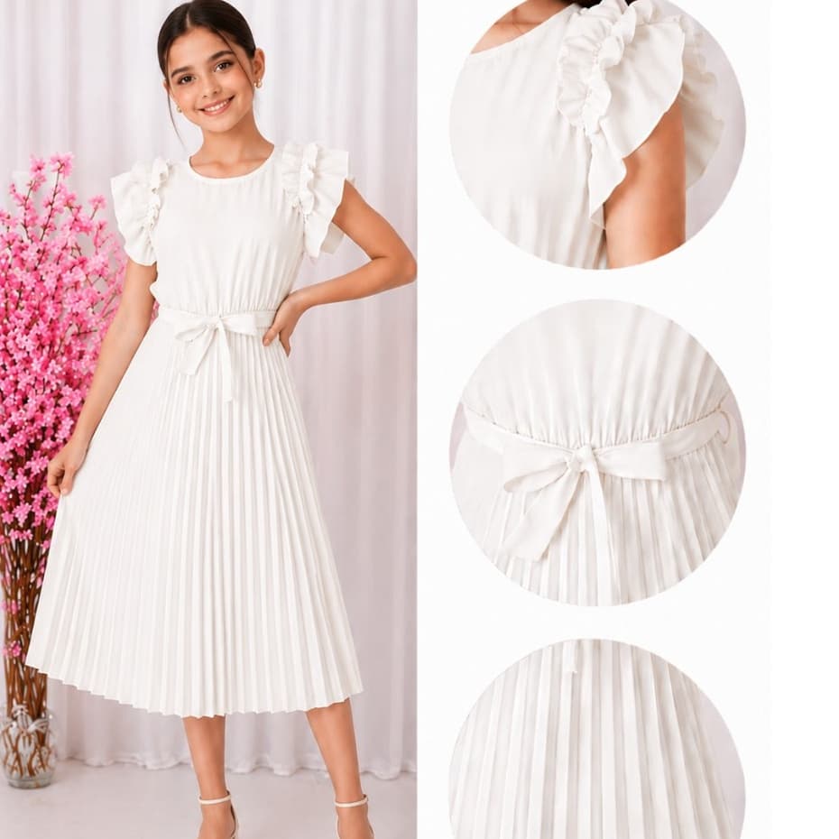 Vestido Juvenil Mídi Feminino Saia Plissada com forro e laço na Cintura moda evangélica  e Casual