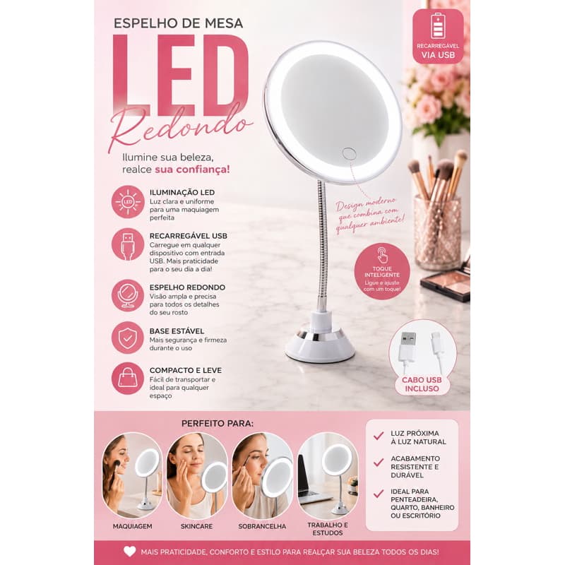 Espelho Mesa Redondo Led Recarregavel Usb Iluminacao Compacto Maquiagem
