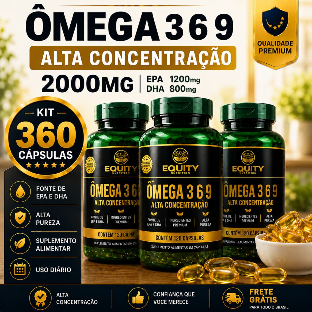 Ômega 3 6 9 Alta Concentração 2000mg 360 Cápsulas EPA DHA Alta Pureza Equity Nutrition
