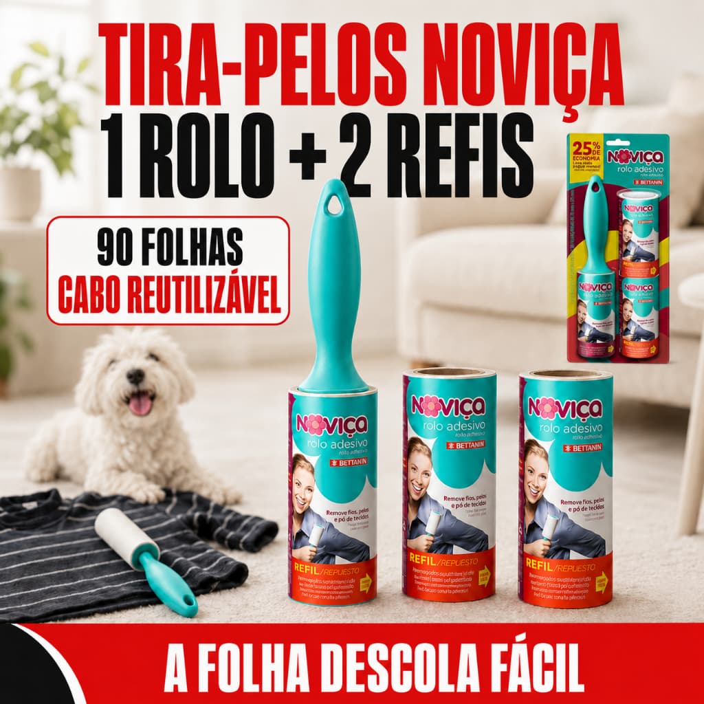Rolo Adesivo Tira Pelos Noviça Bettanin Original + 2 Refis 90 Folhas Pet Roupa Sofá Removedor