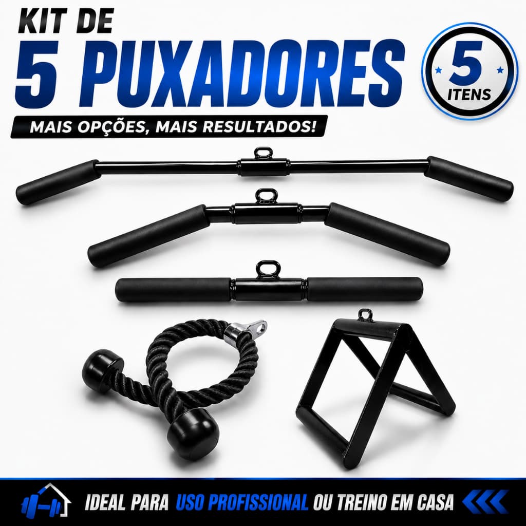 Kit 5 Barra Puxador Reto Curvo Costas 120cm Corda Tríceps Triangulo Remada Academia Musculação Gym
