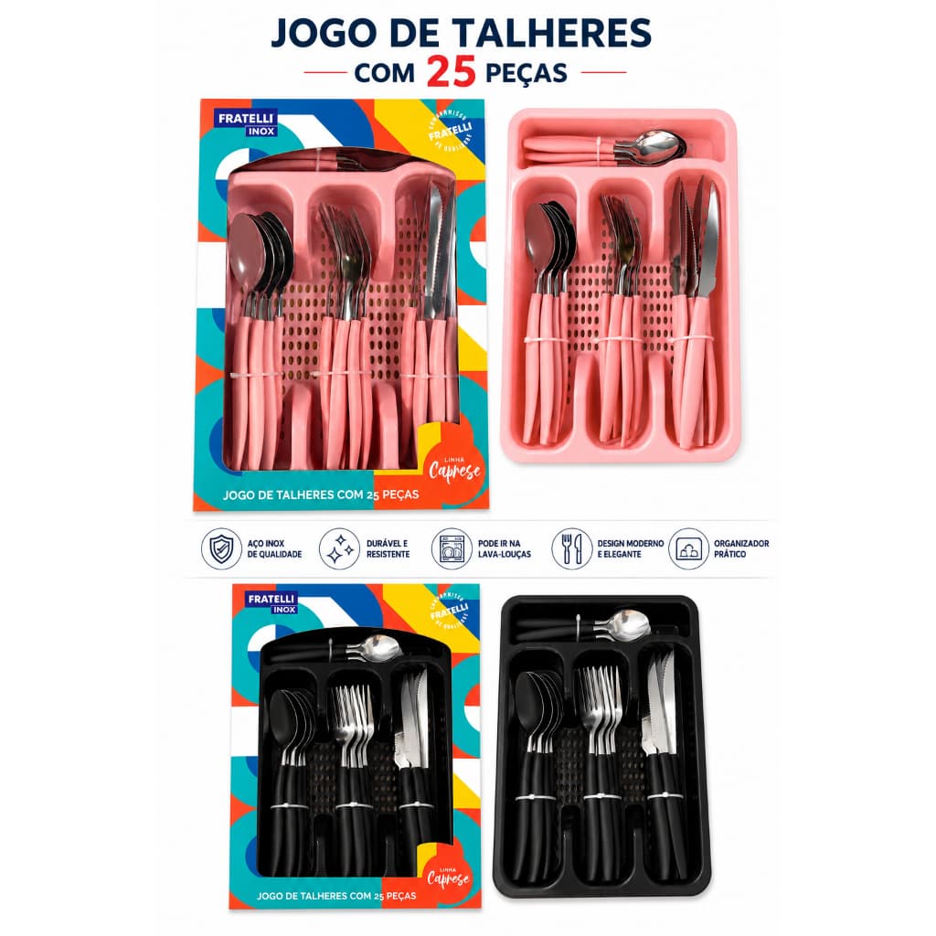 Faqueiro Inox 25 Peças com Porta Talheres Facas Garfos e Colheres