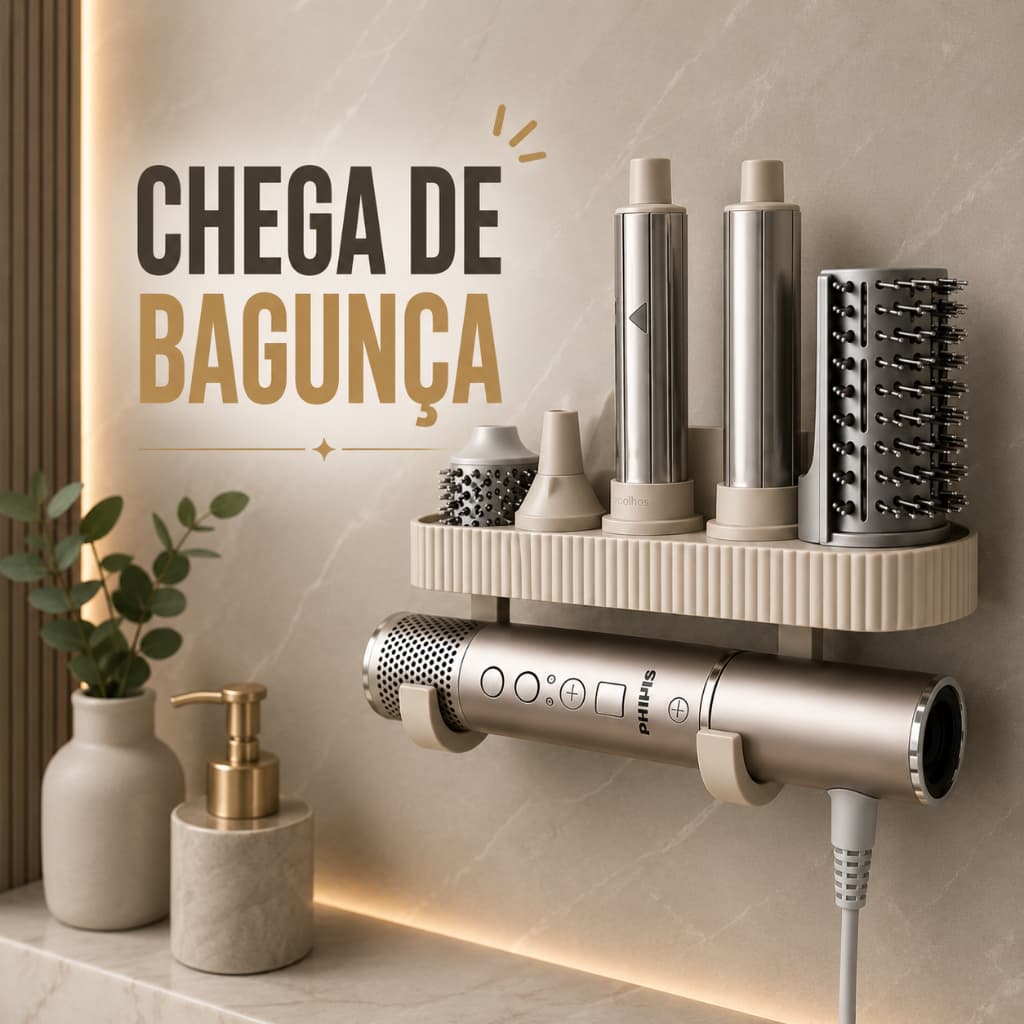 Suporte para Secador de Cabelo Parede 4 em 1 Organizador Banheiro Porta Escova