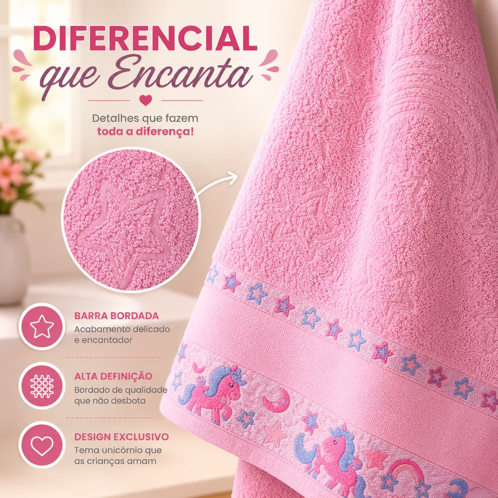Kit Toalha Infantil Banho e Rosto Encantar 2 Peças 95% Algodão Toque Macio Cores
