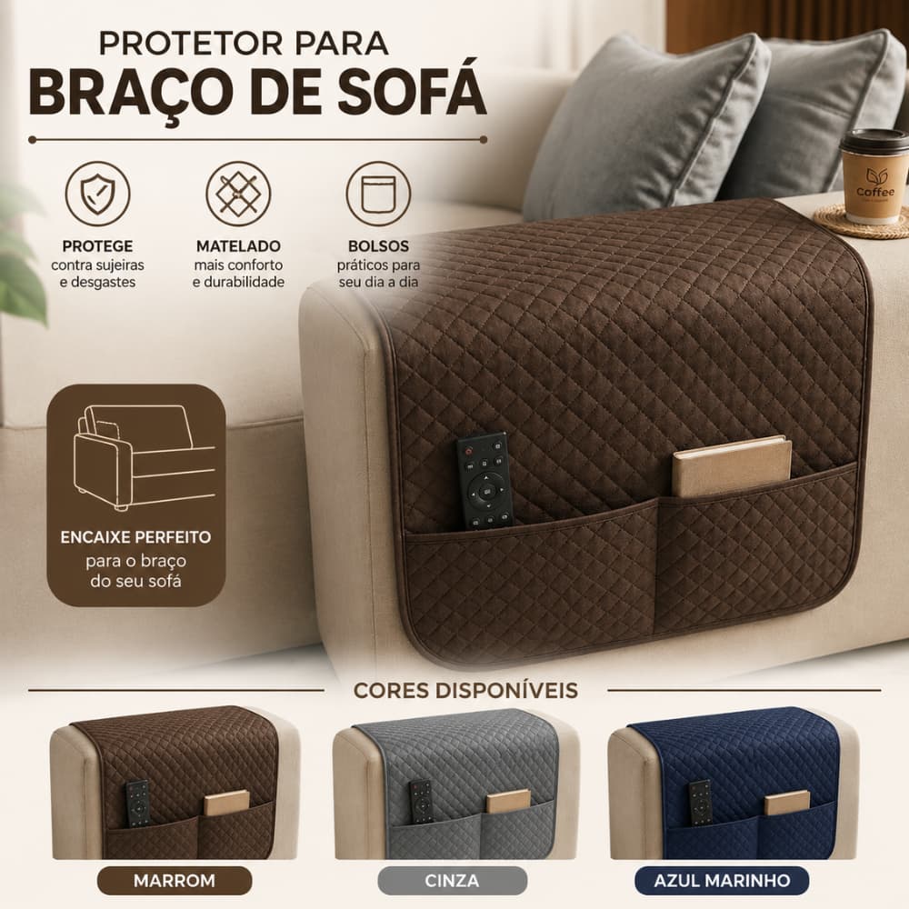 Par Protetor Braço Sofá Retrátil Matelado com Bolsos Porta Controle Organizador