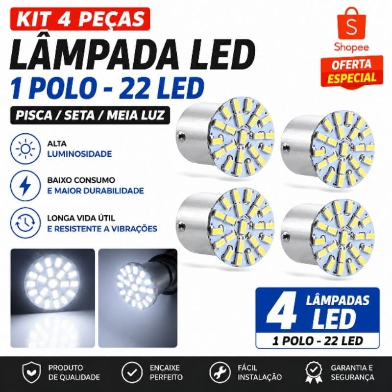 Kit 4 Lâmpadas LED 22 LEDS Um Polo 12V Branco Frio Alto Brilho para Setas Carro Envio Imediato