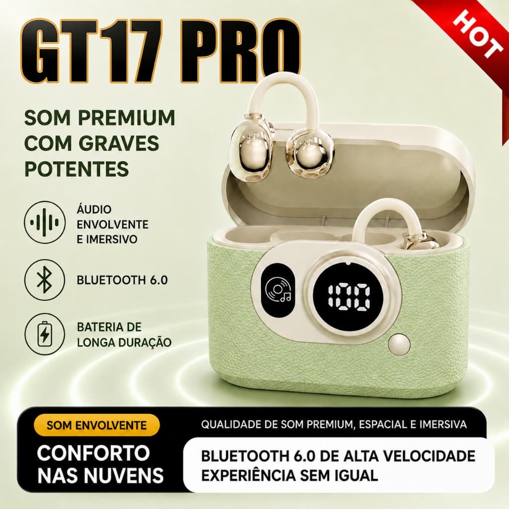 Fone Bluetooth GT17 Pro Ear Clip Hi-Fi com LED, Touch e Bateria 30h