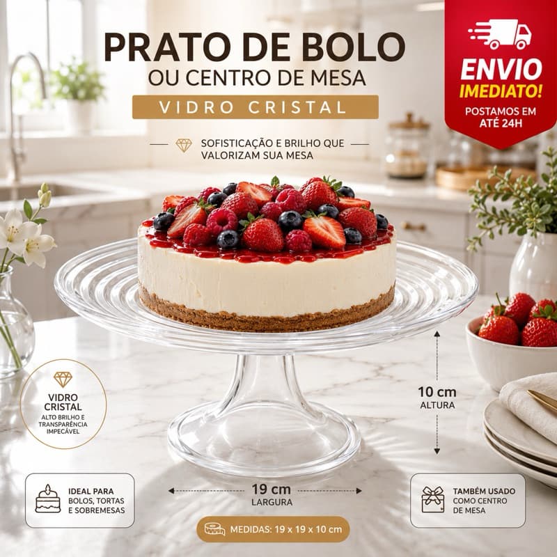 Prato para Bolo com Pé Vidro Cristal 10x19cm Little Bee Original Lyor