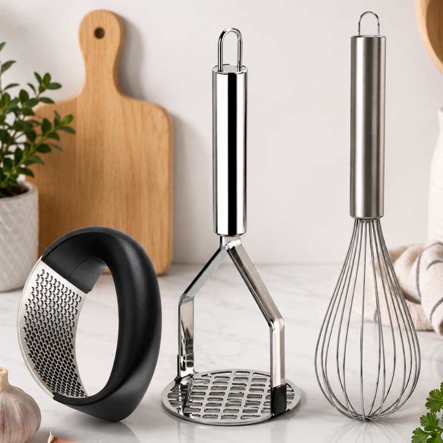 Kit 2 ou 3 Utensílios de Cozinha Fuet Amassador de Batata e Amassador de Alho Premium Batedor Bolo