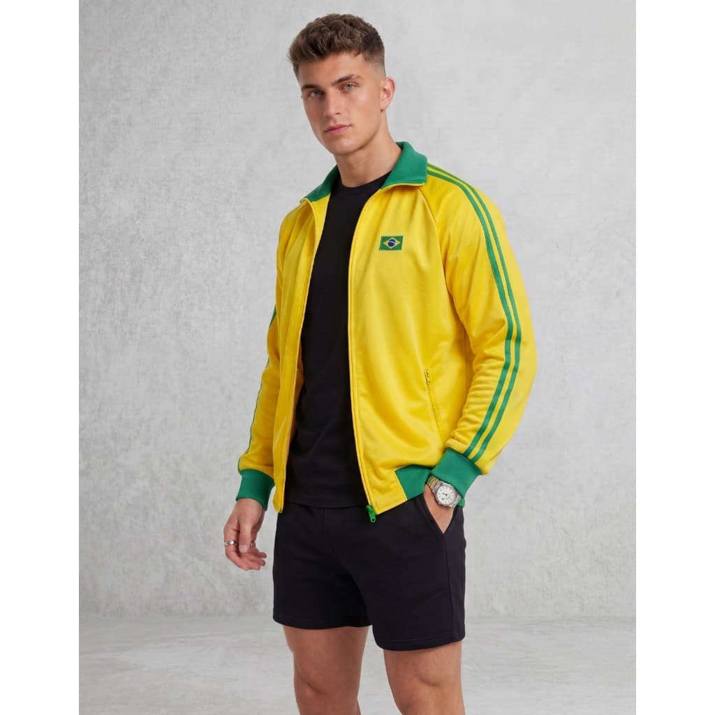 Jaqueta Masculina Gola Alta com Faixas Blusa Brasil Copa do Mundo Moda Outono Inverno