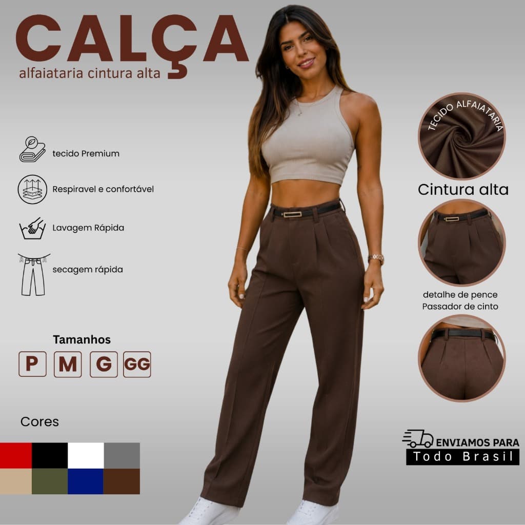 Calça Feminina Alfaiataria Cintura Alta Com Cinto Zíper Na Lateral Social e Elegante