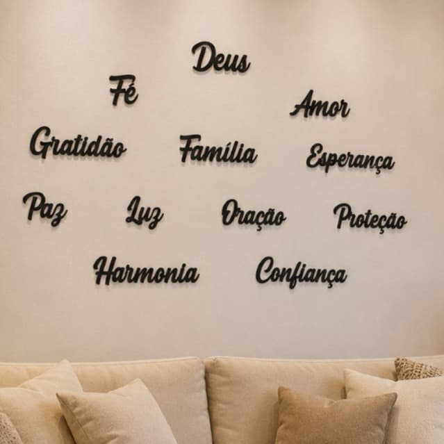Palavras Decorativas parede em MDF preto 3mm Prosperidade Gratidão Decoração ambientes sala
