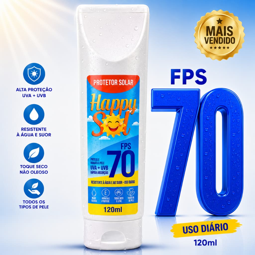 Protetor Solar 70Fps HAPPY 150 ml com Toque seco, ROSTO E CORPO, ANTISSINAIS, VEGANO