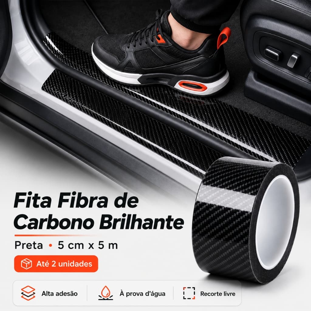 Fita Adesiva Fibra De Carbono Até 2 Unidades 5D 5cm x 5m Preta Brilhante Automotiva Soleira Parachoque Anti Risco