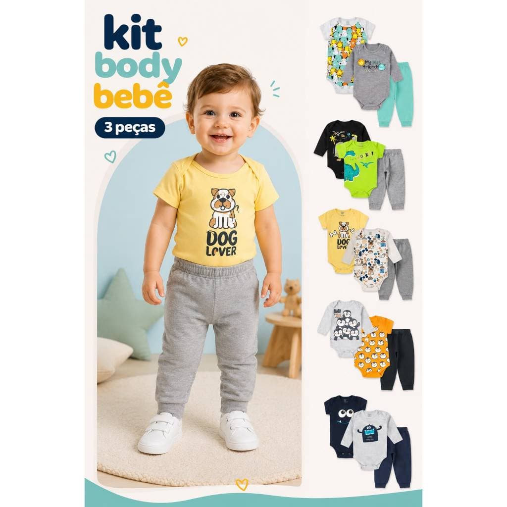 Kit Body Longo 3 Peças Menino Sortido (1 body de manga curta, 1 body manga longa, 1 calça mijão) inverno / verão