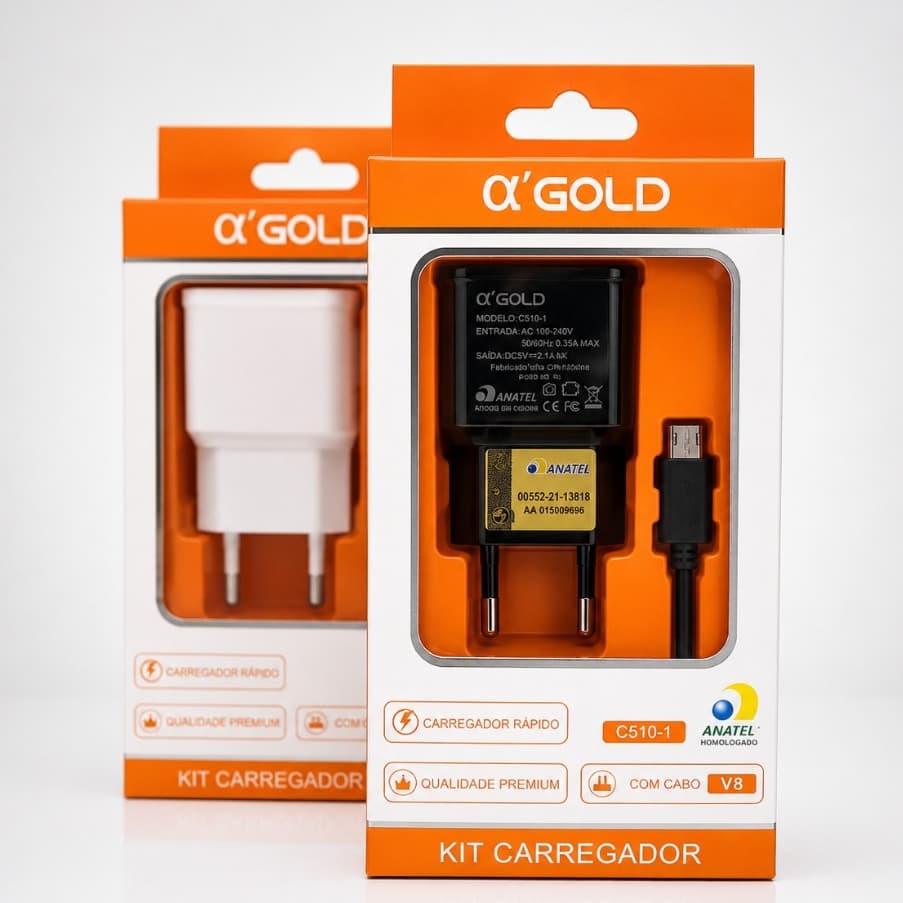 Carregador Completo Micro USB V8 Fonte E Cabo 2.1A A'Gold CA10-1