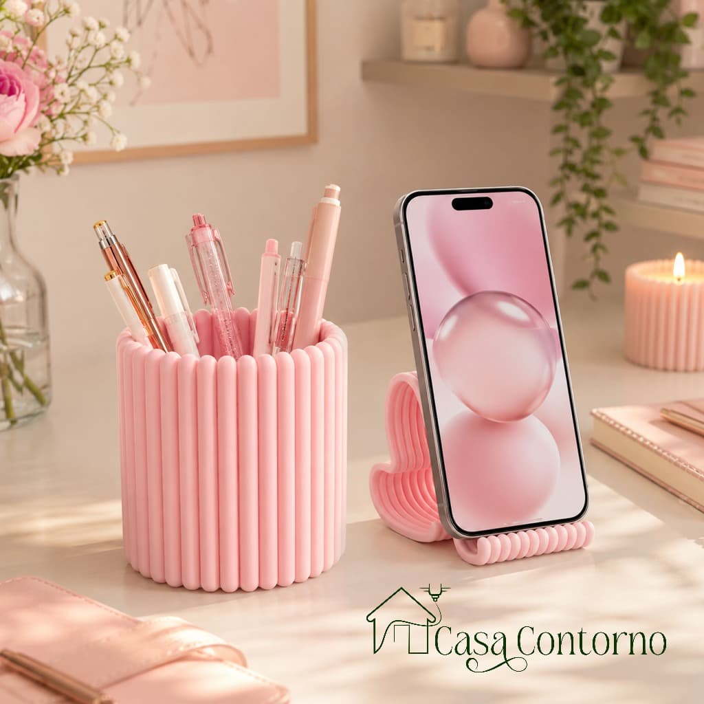 Kit Porta Caneta + Suporte Celular Coração - Organizador de Mesa Home Office Decorativo Moderno