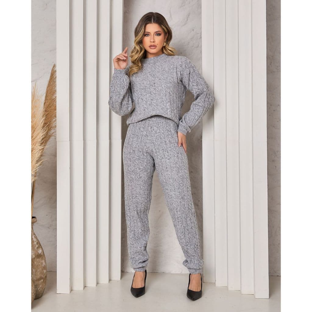Conjunto Frio Tricot Inverno Confortável Macio Feminino Blusa e Calça Legging Reta Trança Mousse