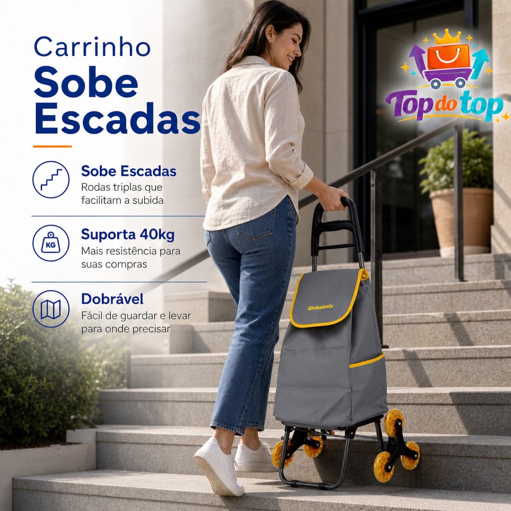 Carrinho de Carga 3 Rodas 40kg Sobe Escadas - Reforçado, Dobrável, Alta Resistência Feira Mercado