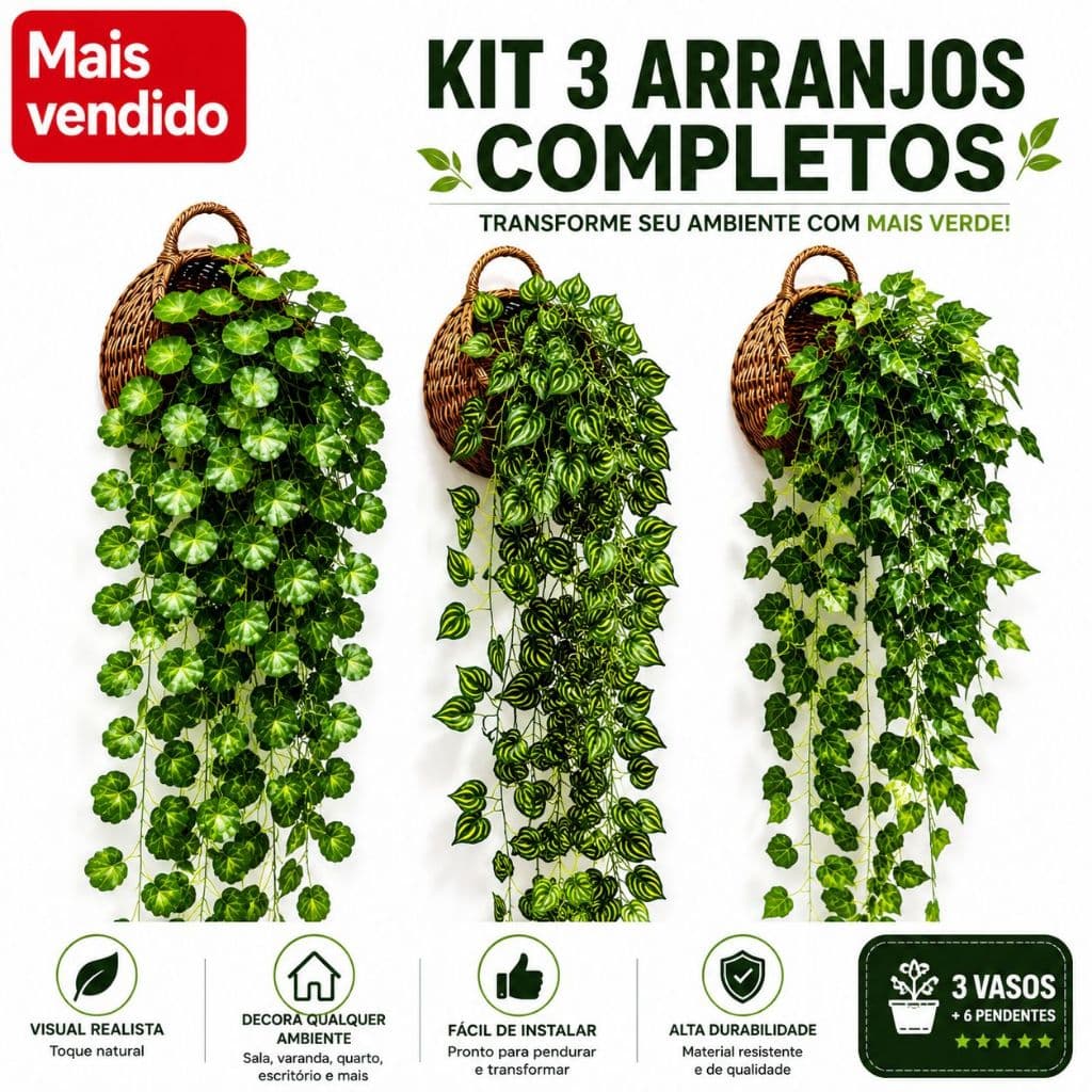 Arranjos Decorativos com 3 Vasinhos Trançados + 6 Pendentes Artificiais