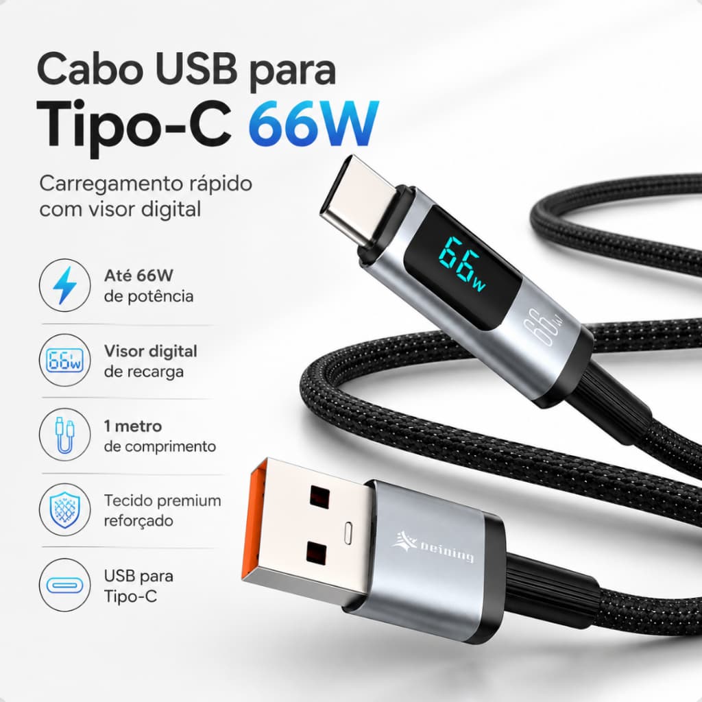 Cabo Carregador Tipo-C 1 Metro Super Rápido USB/TPC Reforçado Display Digital
