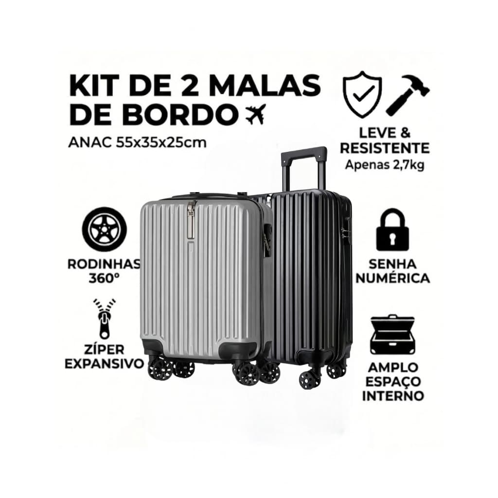 Mala de Viagem Bordo 10kg Preta e Cinza Pequena Média ABS Rígida Rodinhas 360 Com Zíper Expansivel