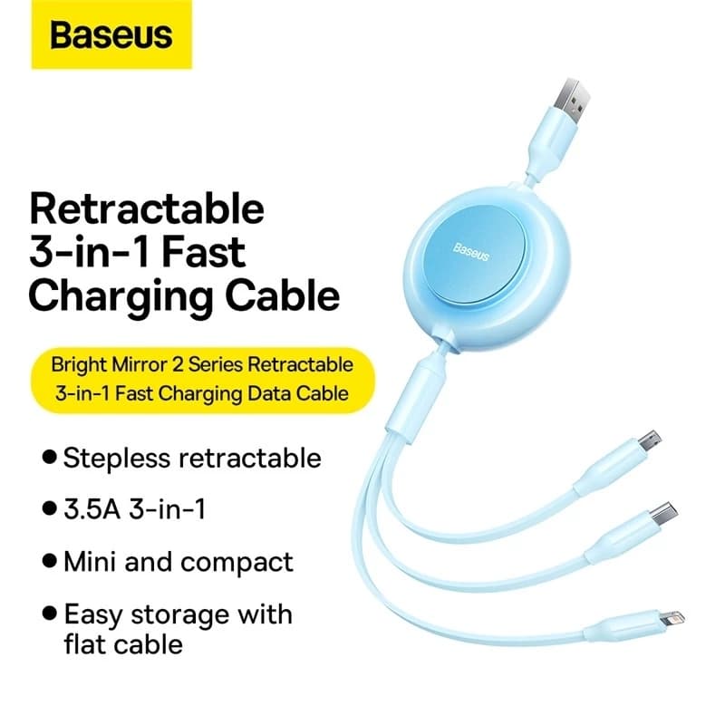 Cabo Baseus 3.5A Retractable 3 in 1 USB to M+L+C Fast Charging Data Cable