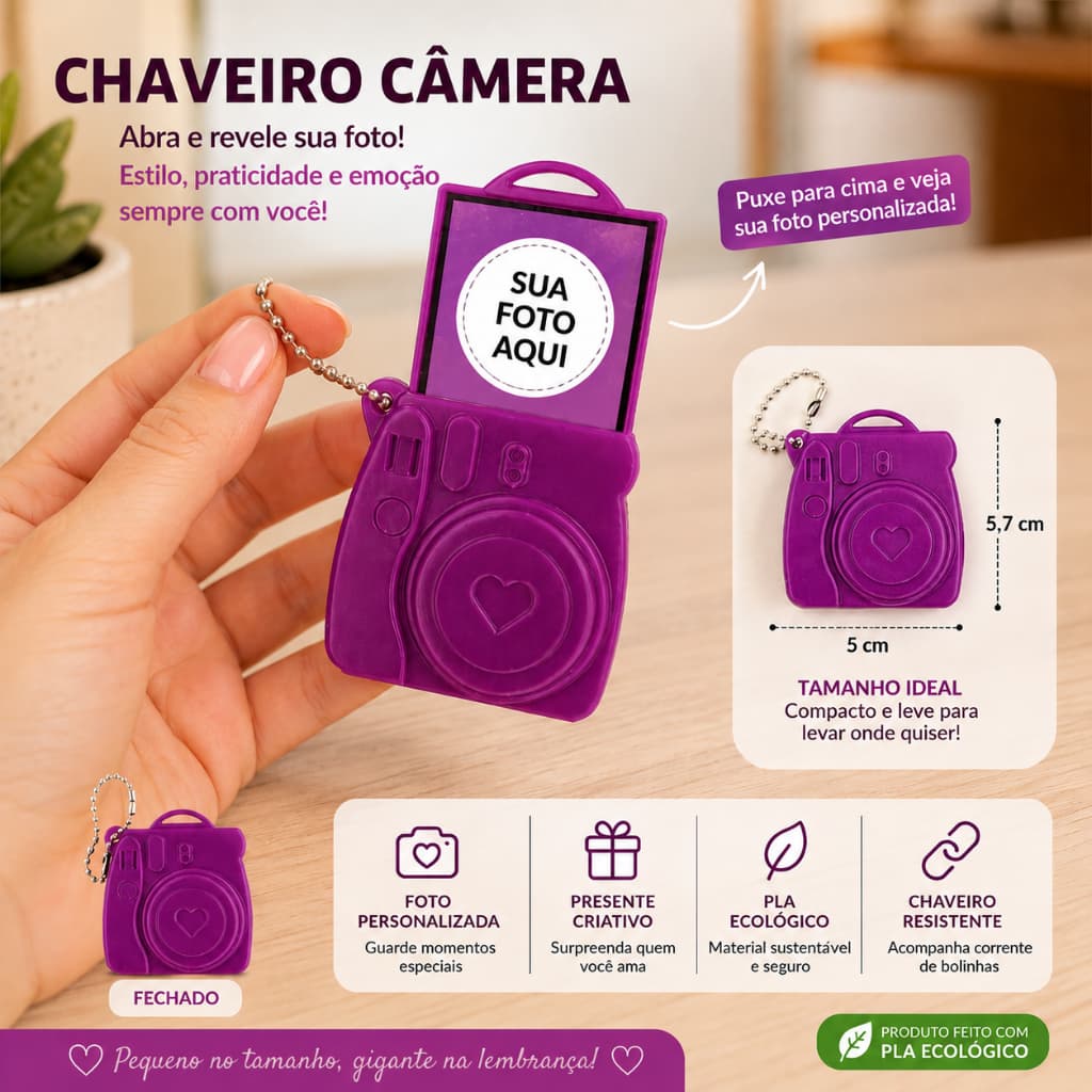 Mini Chaveiro Câmera Porta Foto Retrátil Personalizado com Foto Presente Criativo para Casais Família e Amigos