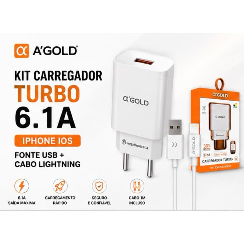 Kit Carregador A ‘  Gold Turbo iPhone 6.1A Fonte USB + Cabo Lightning 1 Metro A’GOLD a-gold