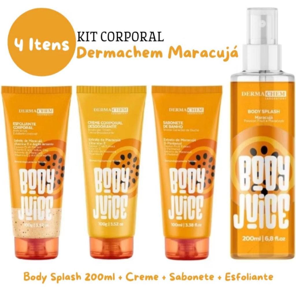 ✨ Kit Body Juice Maracujá Dermachem – Completo | Sabonete + Esfoliante + Hidratante + Body Splash ✨