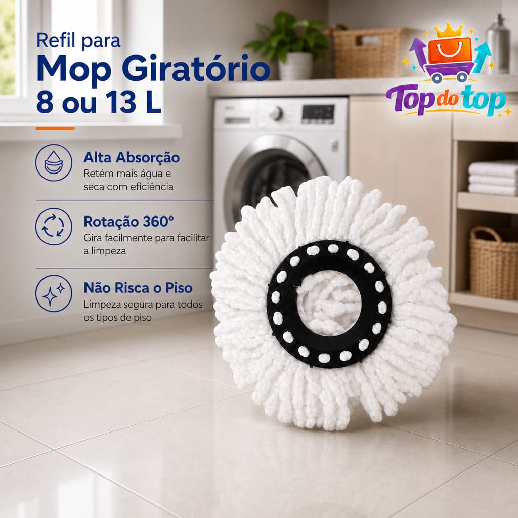 Refil para Mop Giratório Clean Tech 8/13 Litros - Microfibra Alta Absorção Durabilidade Esfregão