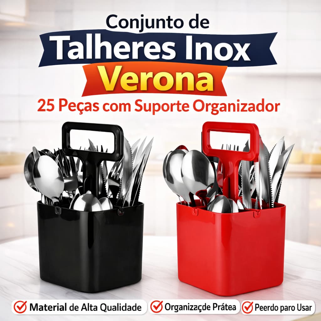 Conjunto de Talheres Inox Verona 25 Peças com Suporte Organizador Preto Vermelho