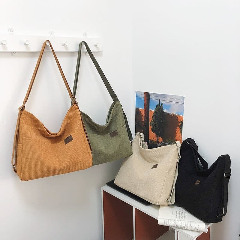 Bolsa Tote Feminina de Veludo Cotelê Grande Capacidade Bolsa de Ombro Transversal Escolar Universitária