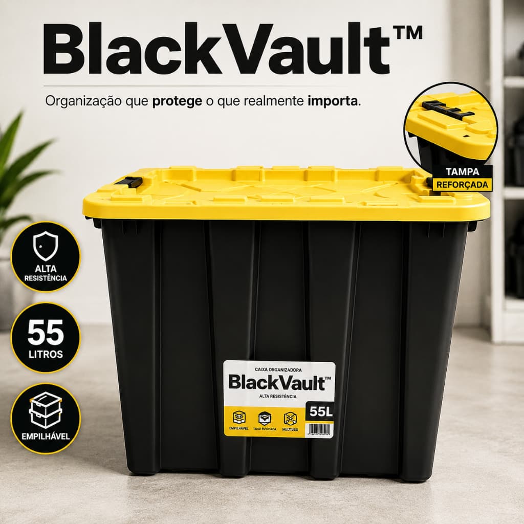 Caixa Organizadora Plástica Alta Capacidade 55 Litros Com Tampa Resistente Preta