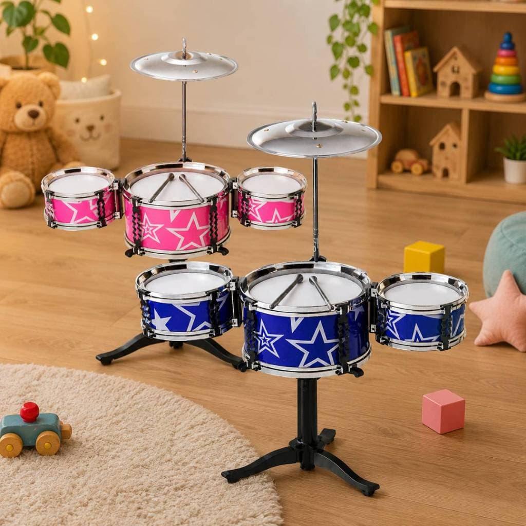 Bateria Musical Instrumento Infantil Musicalização e Coordenação 3 Tambores Azul ou Rosa