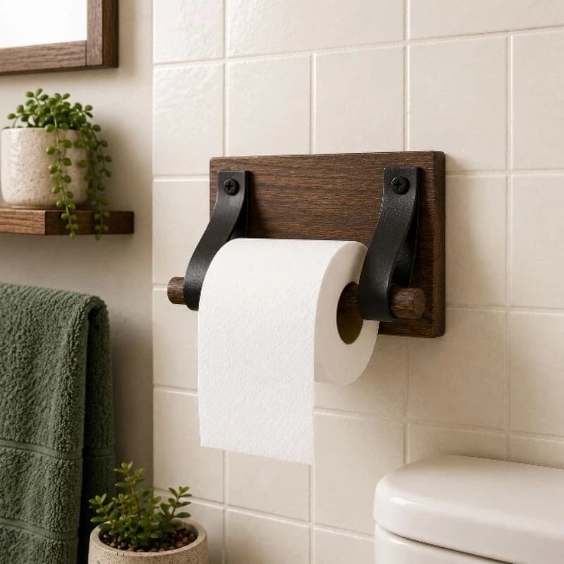 Porta-papel higiênico de parede rústico em pinho natural e envelhecido com alça em couro sintético/Banheiros