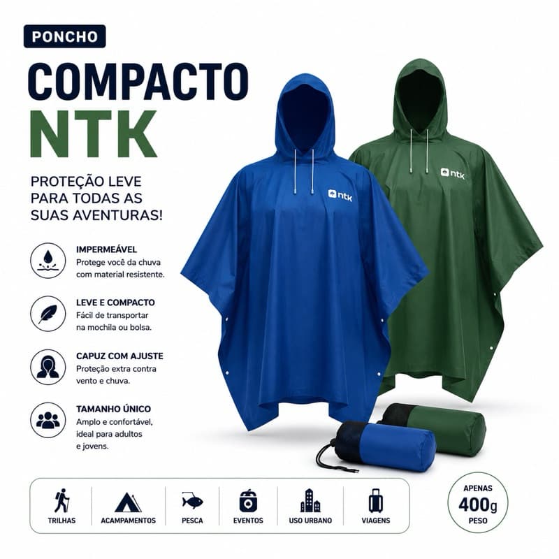 Poncho capa de chuva Impermeável NTK Compacto com Capuz Leve Dobrável para Chuva Trilha Camping Pesca Viagem Azul Verde