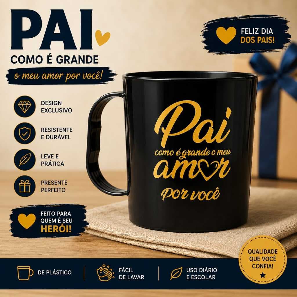 KIT COM 25 CANECAS PRETAS 400ML PLASTICA PAI COMO É GRANDE MEU AMOR POR VOCÊ