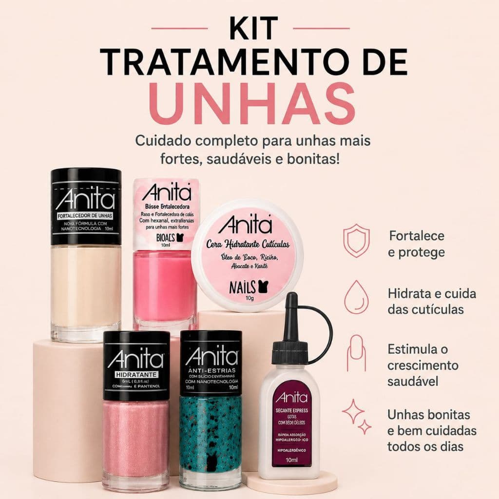 Kit 6 Produtos De Tratamento Para Unhas Anita. (Cera + Amolecedor de Cutículas 40 ml + 4 Esmaltes)