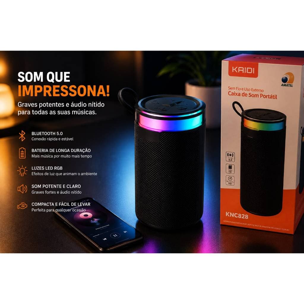 Caixa de Som Bluetooth KAIDI KNC828 Portátil Sem Fio 10W RGB Bluetooth 5.4 USB XBass Recarregável