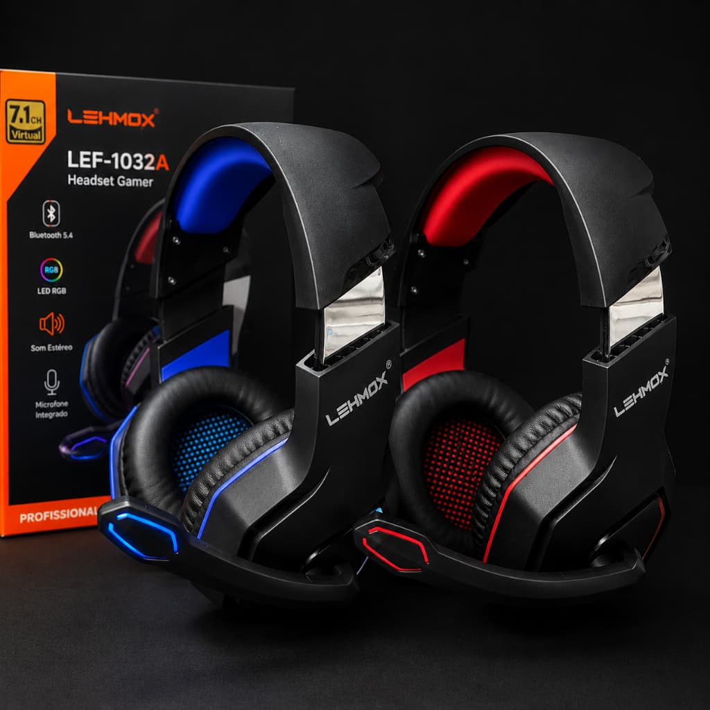 Headset Gamer RGB S/ Fio Microfone PC P4 Celular Recarregável - LEF-1032A - LEHMOX