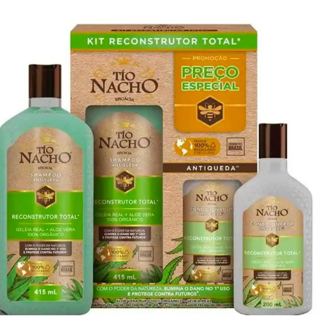 KIT RECONSTRUTOR TIO NACHO SHAMPOO 415 ML CONDICIONADOR 200 ML ANTIQUEDA GELEIA REAL ELIMINA E PROTEGE CONTRA DANOS