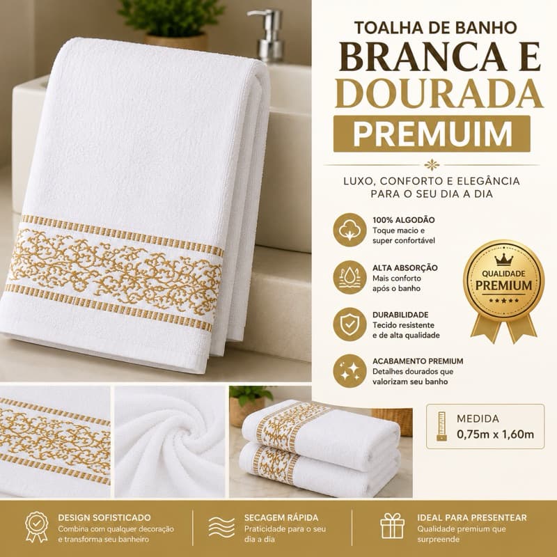 Toalha de Banho Premium 100% Algodão 0,75 x 1,60m Macia e Alta Absorção Branca e dourada