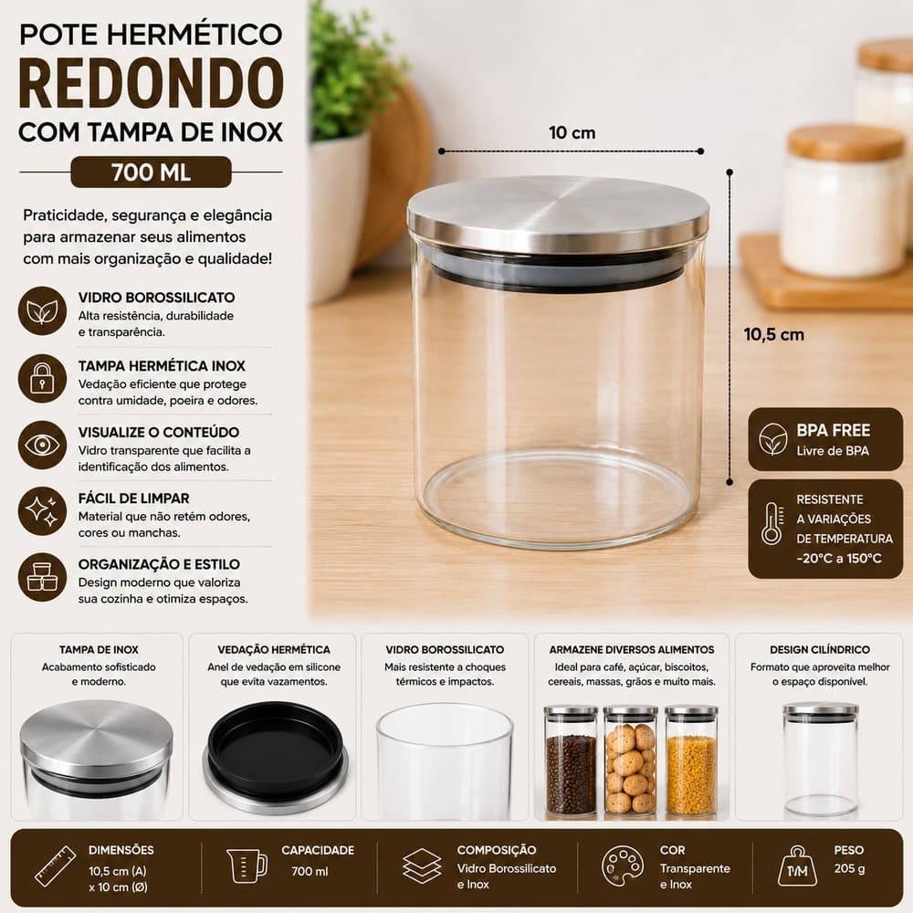 Pote Hermético Redondo Vidro Com Tampa de Inox 700ml