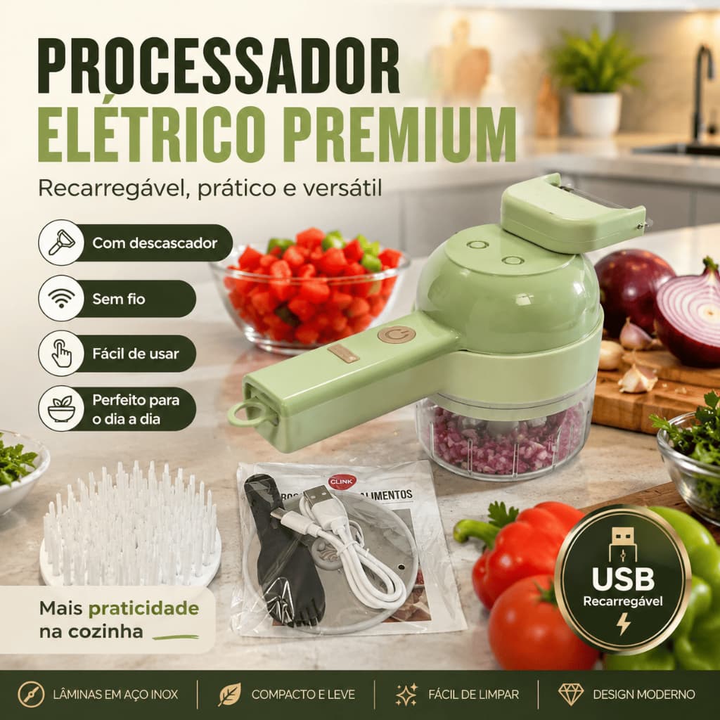 Processador Elétrico Premium 4 em 1 USB 200ml Com Descascador e Lâminas Inox