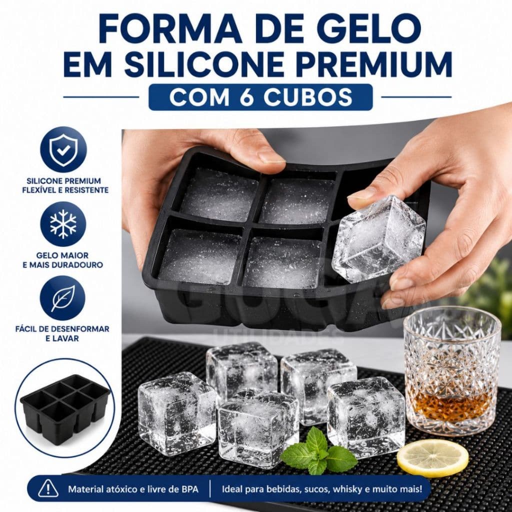 Forma De Gelo Silicone 6 Cubos Grande Drink Whisky Flexível E Resistente