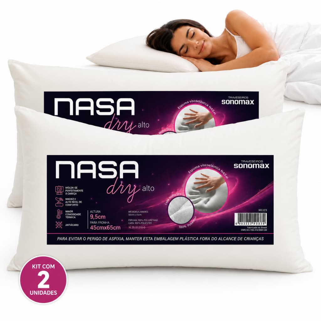 Kit 2 Travesseiros Nasa Dry Duoflex Baixo 9,5cm 45x65 Espuma Viscoelástica Anatômico
