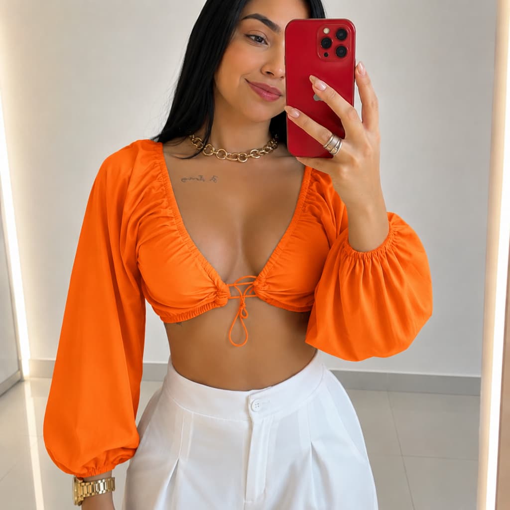 Cropped Manga Longa Alfaiataria Decotado Ajustavél Blogueira